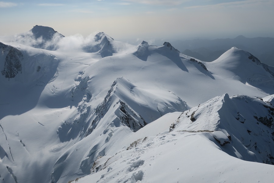 Looking down the East ridge, Margherita hut in the distance