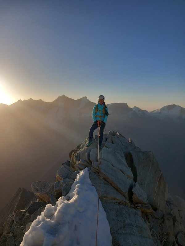 On the exposed rock ridge at dawn. The highlight of the route